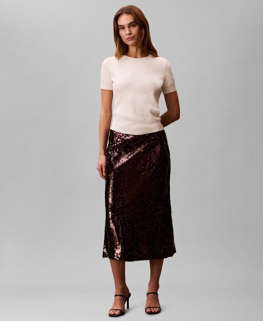 Calvin Klein A-Line Midi Skirt Womens 14 Mocha Brown Sequin Glam Holiday NWT